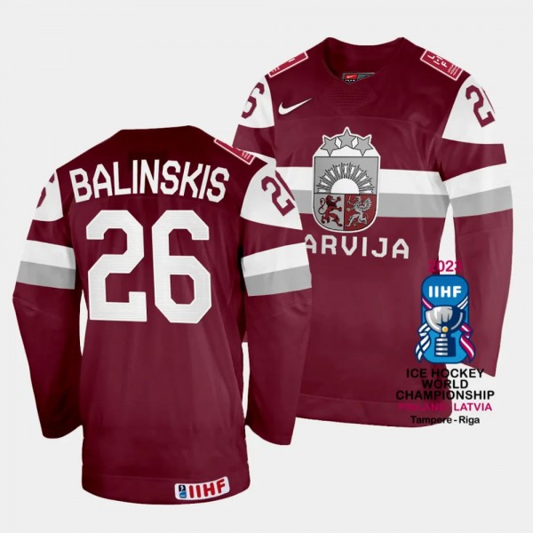 Uvis Balinskis Latvia Hockey 2023 IIHF World Championship Away Jersey Maroon