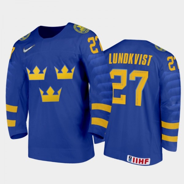 Sweden Nils Lundkvist #27 2020 IIHF World Junior Ice Hockey Blue Away Jersey
